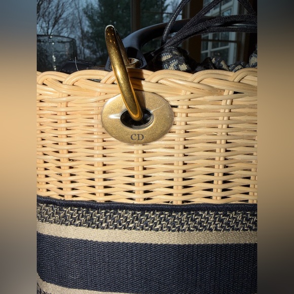 Christian Dior Lady Dior Bag Wicker & Navy Blue Oblique Canvas Medium $6300 - Picture 6 of 13